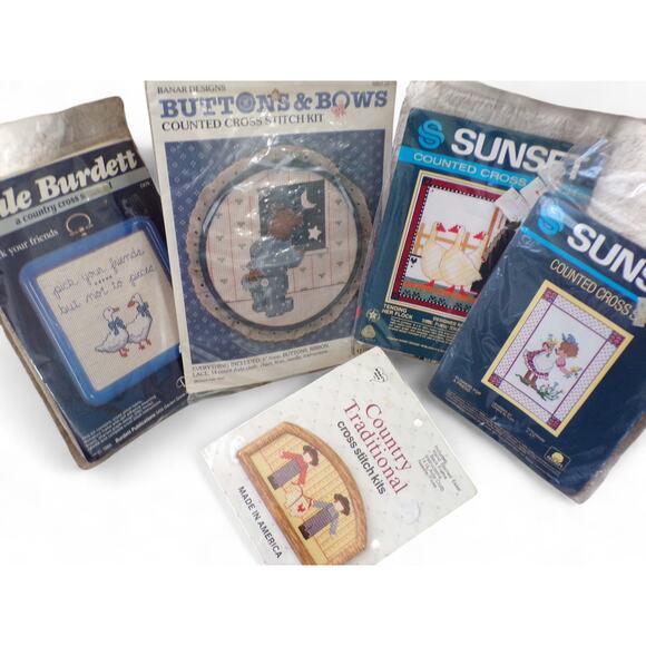 (5) Cross Stitch Kits Sealed Vintage 1980's 1990's 3 Frames Sunset Dale Burdett - Picture 1 of 6